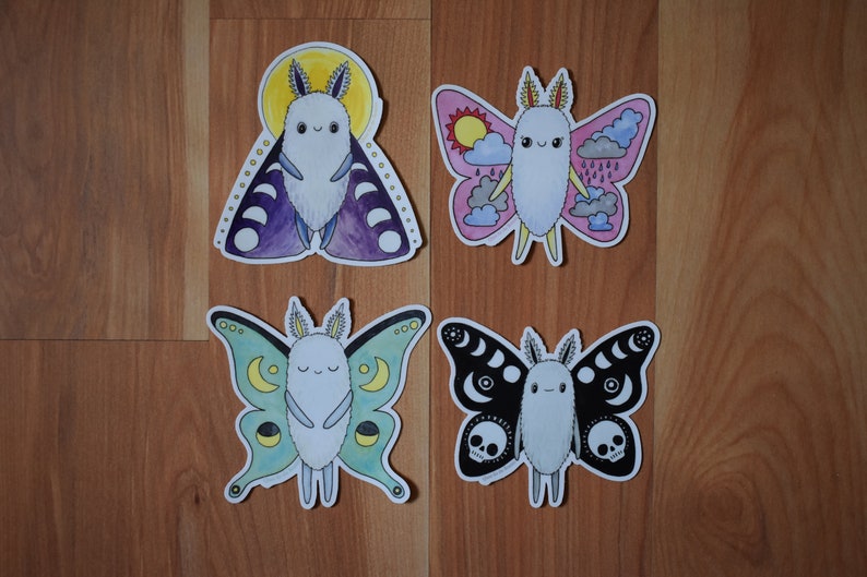 4 Pack Moth Sticker Set, Cute Assorted Moths Vinyl Stickers image 3