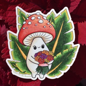 Mushroom with Flower Bouquet Large Vinyl Sticker, Cute Plant Mushroom Leaf Decal image 1