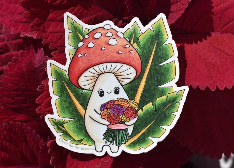 Mushroom with Flower Bouquet Large Vinyl Sticker, Cute Plant Mushroom Leaf Decal image 1