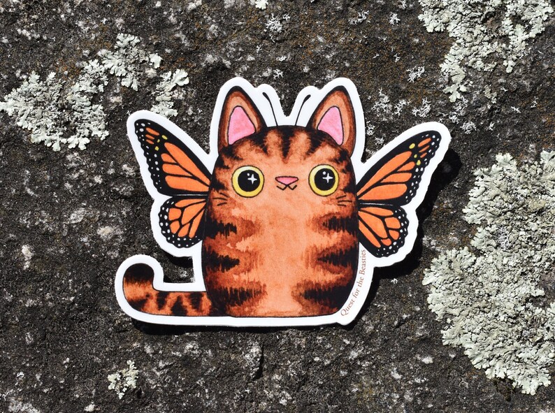 Monarch Kitterfly Vinyl Sticker, Butterfly Tabby Cat, Cute Kitty with Wings Decal image 4