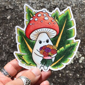 Mushroom with Flower Bouquet Large Vinyl Sticker, Cute Plant Mushroom Leaf Decal image 4