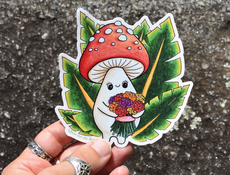 Mushroom with Flower Bouquet Large Vinyl Sticker, Cute Plant Mushroom Leaf Decal image 4