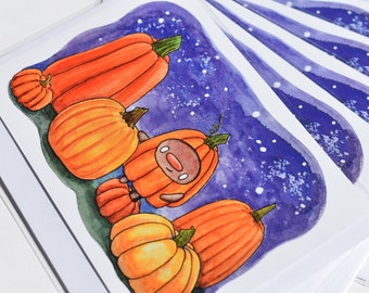 Pumpkin Patch Halloween Greeting Card, Cute Autumn Fall Watercolor Illustration