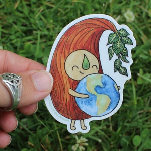Earth Hug Vinyl Sticker, Waterproof, Cute Woodland Tree Sprite, Forest Friend Decal for Water Bottle & Laptop