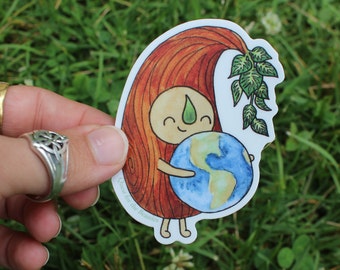 Earth Hug Vinyl Sticker, Waterproof, Cute Woodland Tree Sprite, Forest Friend Decal for Water Bottle & Laptop