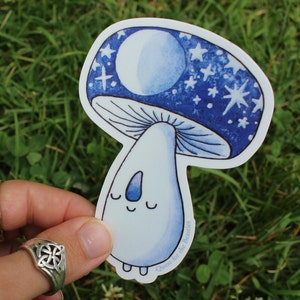 Celestial Mushroom Vinyl Sticker, Waterproof, Cute Moon and Stars Cosmic Space Decal for Water Bottle & Laptop image 1