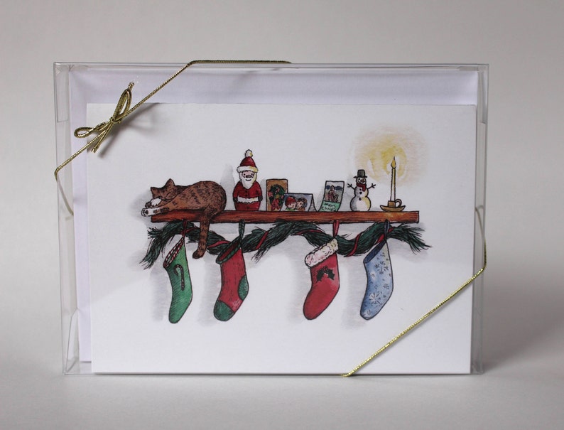 Cat Christmas Card, Single Holiday Greeting Card, Watercolor Card, Christmas Illustration, Christmas Stocking Card image 4