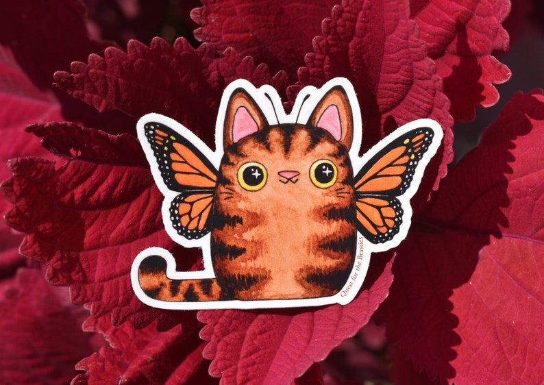 Monarch Kitterfly Vinyl Sticker, Butterfly Tabby Cat, Cute Kitty with Wings Decal image 1