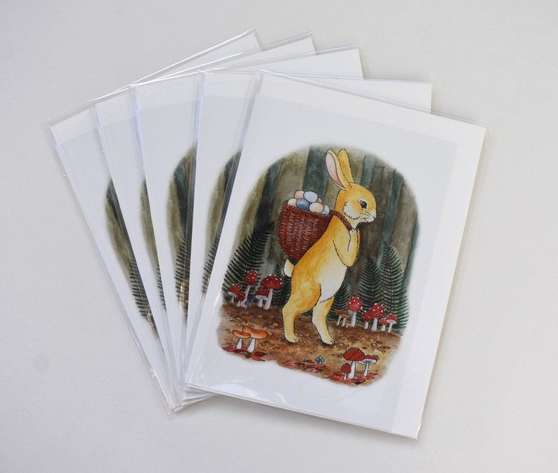 Woodland Easter Bunny Greeting Card, Non Religious Spring Rabbit with Mushrooms, Watercolor Illustration FREE U.S. SHIPPING image 2