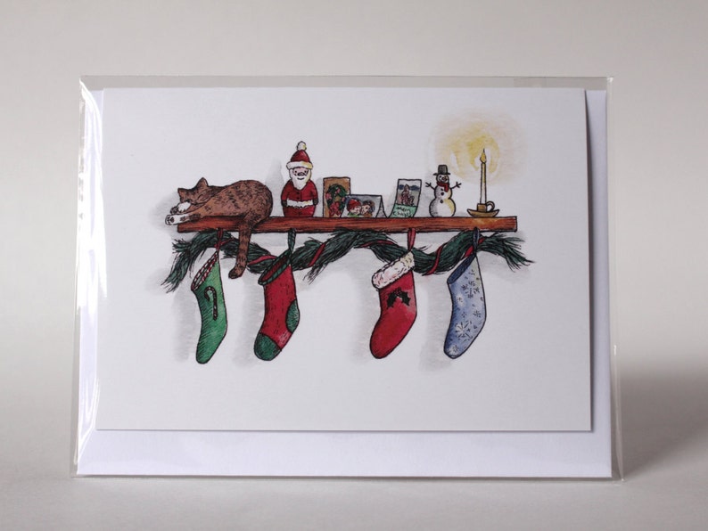 Cat Christmas Card, Single Holiday Greeting Card, Watercolor Card, Christmas Illustration, Christmas Stocking Card image 2