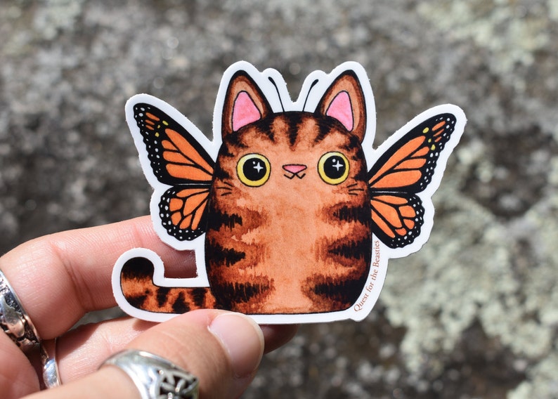 Monarch Kitterfly Vinyl Sticker, Butterfly Tabby Cat, Cute Kitty with Wings Decal image 2