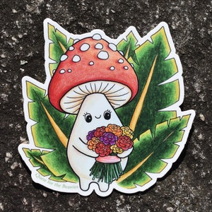 Mushroom with Flower Bouquet Large Vinyl Sticker, Cute Plant Mushroom Leaf Decal image 2