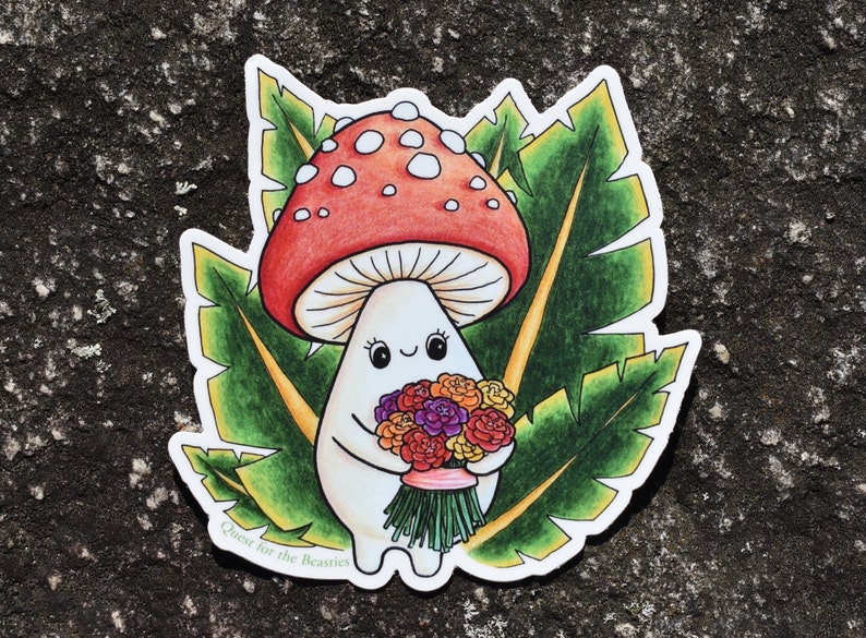 Mushroom with Flower Bouquet Large Vinyl Sticker, Cute Plant Mushroom Leaf Decal image 2