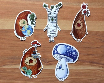 5 Pack Woodland Sticker Set for Water Bottle & Laptop, Cute Vinyl Forest Friend Die Cut Stickers, Waterproof Mushroom and Tree Sprite Decals