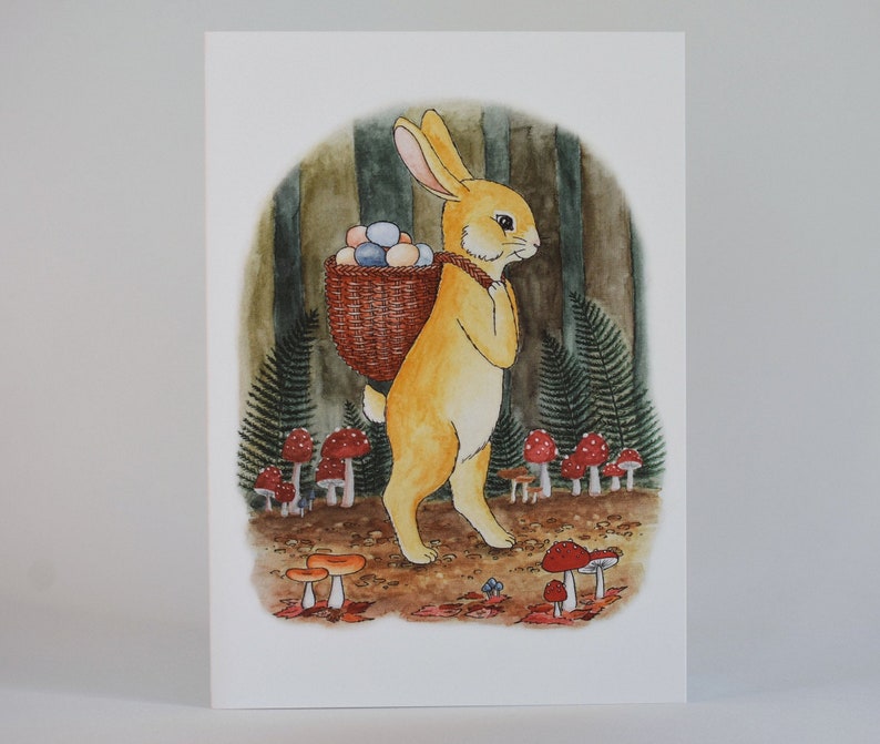 Woodland Easter Bunny Greeting Card, Non Religious Spring Rabbit with Mushrooms, Watercolor Illustration FREE U.S. SHIPPING image 1