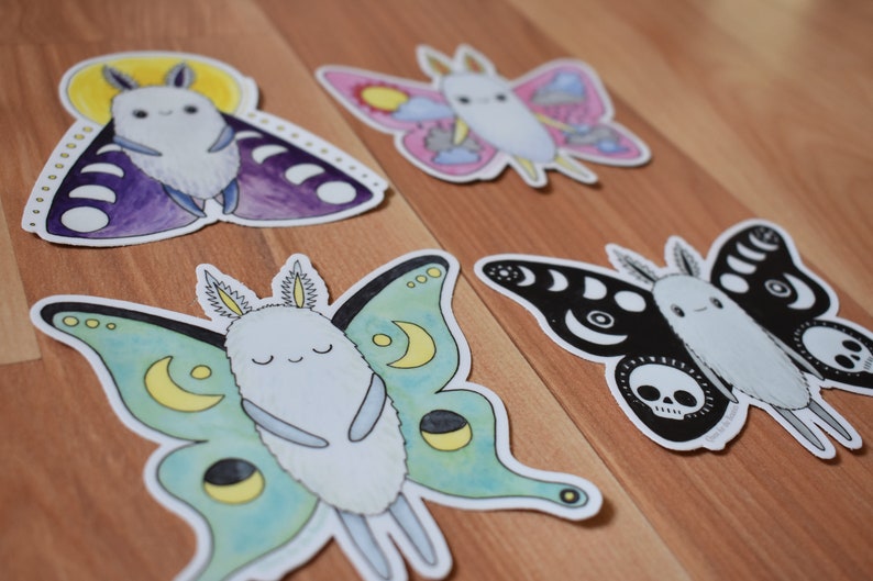 4 Pack Moth Sticker Set, Cute Assorted Moths Vinyl Stickers image 5