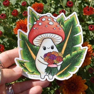 Mushroom with Flower Bouquet Large Vinyl Sticker, Cute Plant Mushroom Leaf Decal image 3