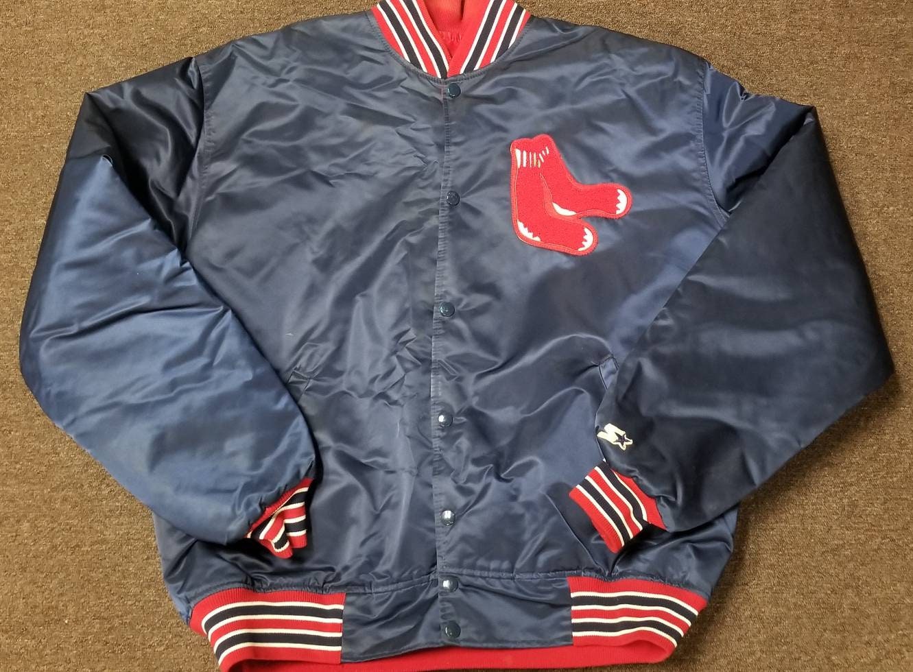 年末のプロモーション特価 Satin Blue Navy Jacket Starter Sox Red Boston Vintage Bomber 即決 海外 L Large Jacket 海外商品購入代行 Hlt No