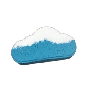 May include: A blue and white bath bomb shaped like a cloud.
