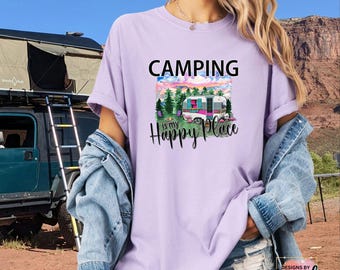 Camiseta "Acampar es mi lugar feliz", Camiseta de camping, Camiseta divertida para campistas, Regalo para amantes de la naturaleza
