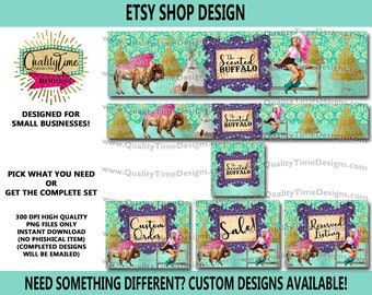 Pre Made Etsy Shop Set - Business Branding Kit Set 014 - Digital Download - Customize-able - BOHO Western Teal Gold Rustic Vintage