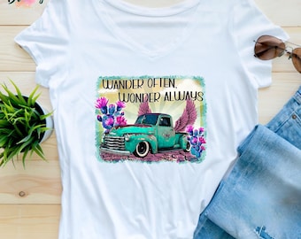 Camiseta "Wander Often Wader Always", divertida camiseta de pesca, camiseta vintage de camión, camiseta estilo western boho.