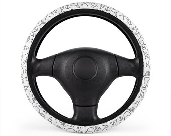 Funda para volante de coche con diseño de garabatos en blanco y negro / Accesorio para vehículo con estampado