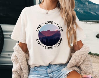 Camiseta Live Love Camp, Camiseta de camping, Camiseta de montaña y bosque, Camiseta gráfica para actividades al aire libre