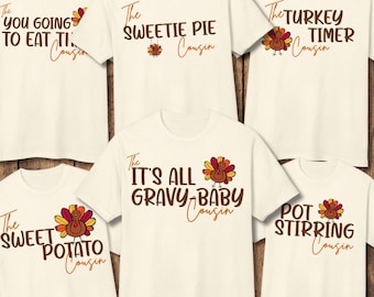 Camiseta divertida de Acción de Gracias para primos, camiseta personalizada para el grupo de primos, camiseta familiar divertida para las fiestas, conjunto para el grupo de pavos