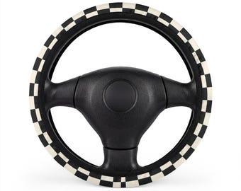 Funda para volante de coche con diseño de tablero de ajedrez blanco y negro / Patrón de cuadrícula de carreras