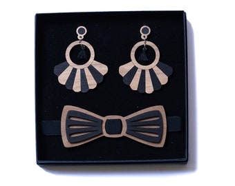 Coffret noeud papillon et boucles d'oreilles en bois bleu ou noir