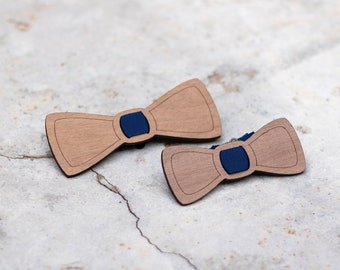 Father and son wooden bow ties, lasercut engraved, plain walnut wood