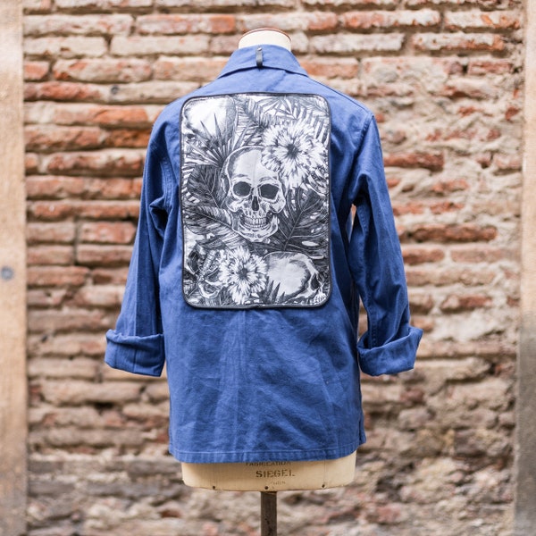 bleu de travail customisé pour homme, motif skull, tete de mort rock, veste homme originale, cadeau homme, mode