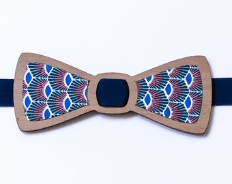 wooden bow tie and blue patterned fabric