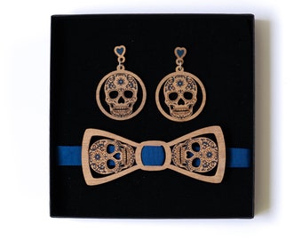 Coffret noeud papillon tête de mort Calavera bleue et boucles d'oreilles en bois