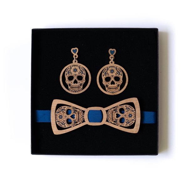 Coffret noeud papillon tête de mort Calavera bleue et boucles d'oreilles en bois