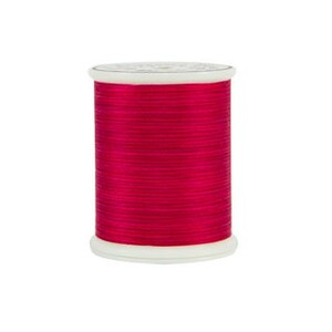 May include: A spool of bright red thread, tightly wound around a white plastic core. The thread appears smooth and glossy, suitable for sewing or embroidery projects. The spool is cylindrical and stands upright against a white background.