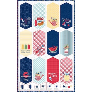May include: A patriotic fabric panel featuring various designs with text like "BBQ TIME!" and "Celebrate!" in red, white, and blue. Designs include fireworks, watermelon slices, and floral arrangements. The panel has a blue border with white stars.