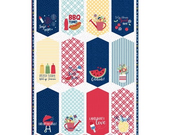 Red, White & Bloom banner panel Kim Christopherson, KimberBell Graffiti Multi Navy
