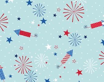 Red, White & Bloom 1 Yard Cut Kim Christopherson, KimberBell Fireworks Aqua