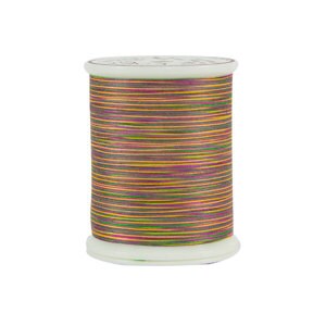 May include: A multi-coloured thread spool featuring horizontal stripes in pink, yellow, green, and brown. The thread is wound on a white plastic spool with a flared base and top.
