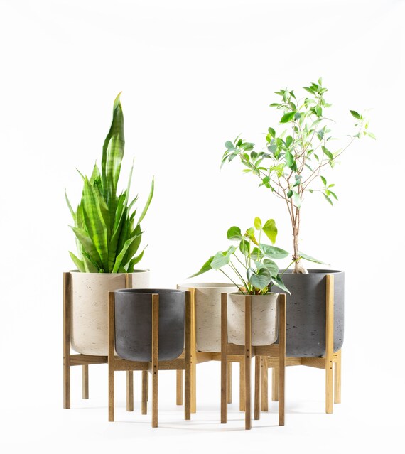 Concrete Planter With Wood Plant Stand Plant Stand With Etsy