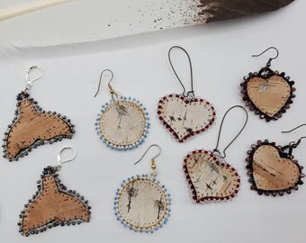 Handmade Unique! one of a kind quill birch bark tulip and leaf shaped dangle earrings Great gift for a special friend native