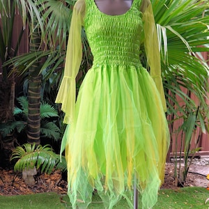CHILD (12-14 Years) - Fairy Dress with Sleeves - Neon Green & Gold Tinkerbell