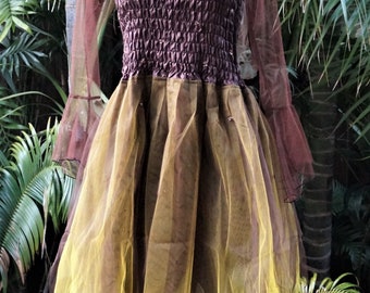 PETITE SIZE (16 Years) - Fairy Dress with Sleeves and Wings - Woodland Brown & Gold