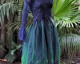 Feenkleid (mit Ärmeln) - Damen ONE SIZE (Aus 8-16) - Midnight Blue & Green