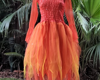 Feenkleid (mit Ärmeln) - Damen ONE SIZE (Aus 8-16) - Orange & Gold