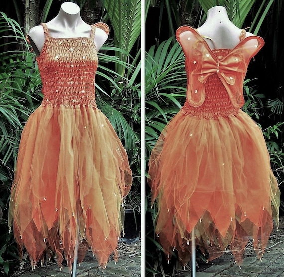 Plus Size Women's Fairy Dress Adult Size Party Costume with Wings - Orange & Gold