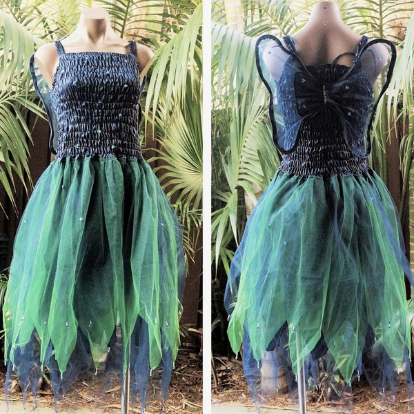 Fairy Dress (with Wings) - Women's ONE SIZE (Aus 8-16) - Midnight Blue & Green
