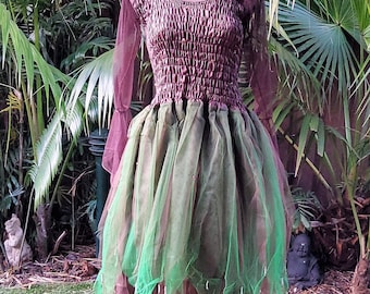 Fairy Dress (with Sleeves) - Women's ONE SIZE (Aus 8-16) - Dark Brown & Forest Green